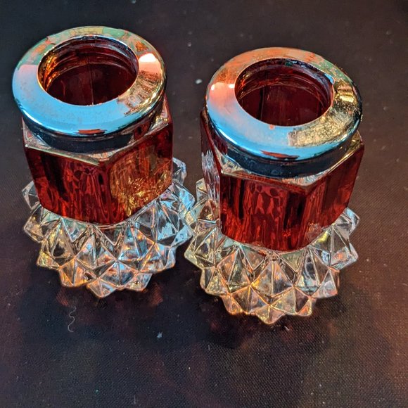 Beautiful Pair Indiana Glass Ruby Red And Crystal Diamond Point Candle Holders - Picture 7 of 11